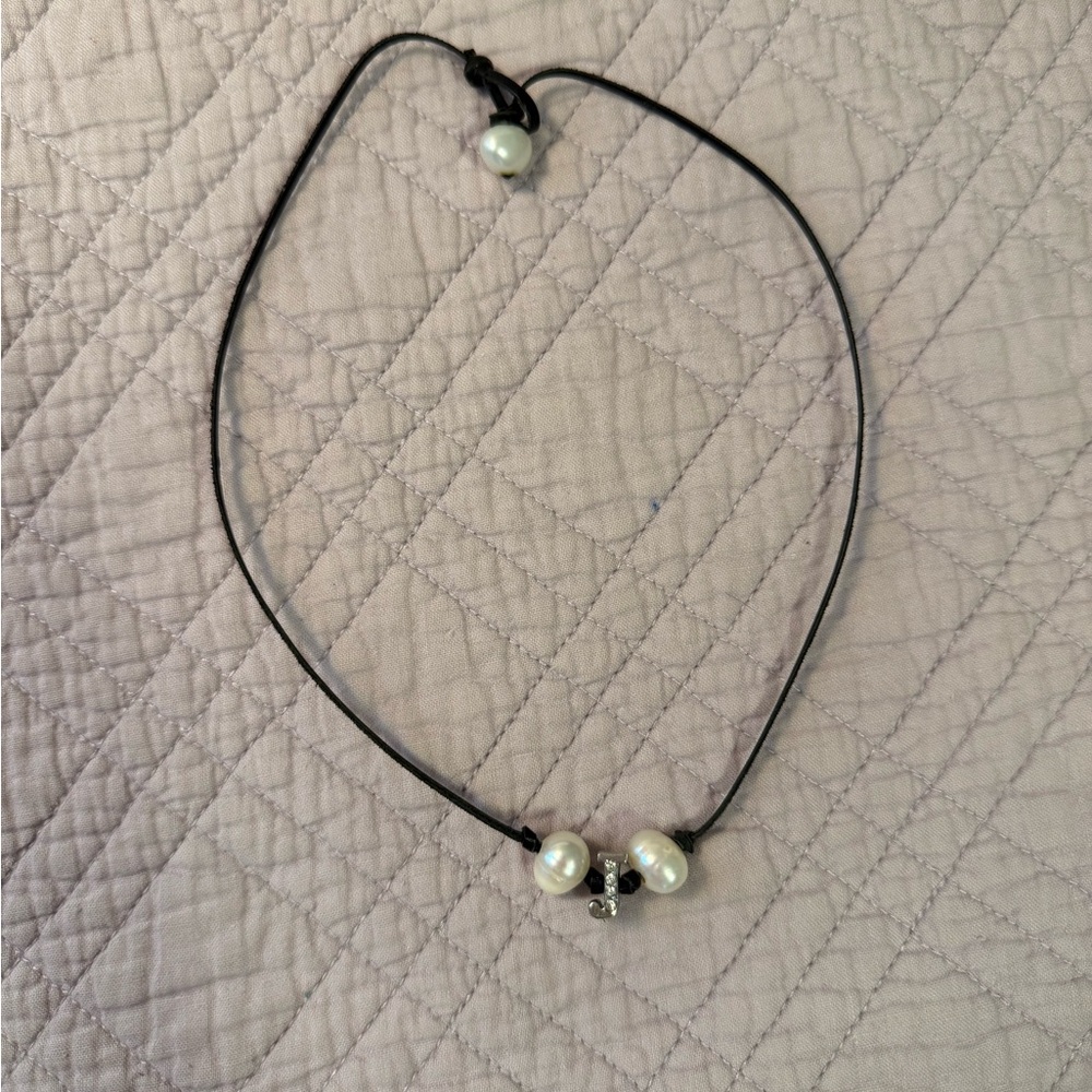 Pearl and Rhinestone Letter J on Leather Necklace